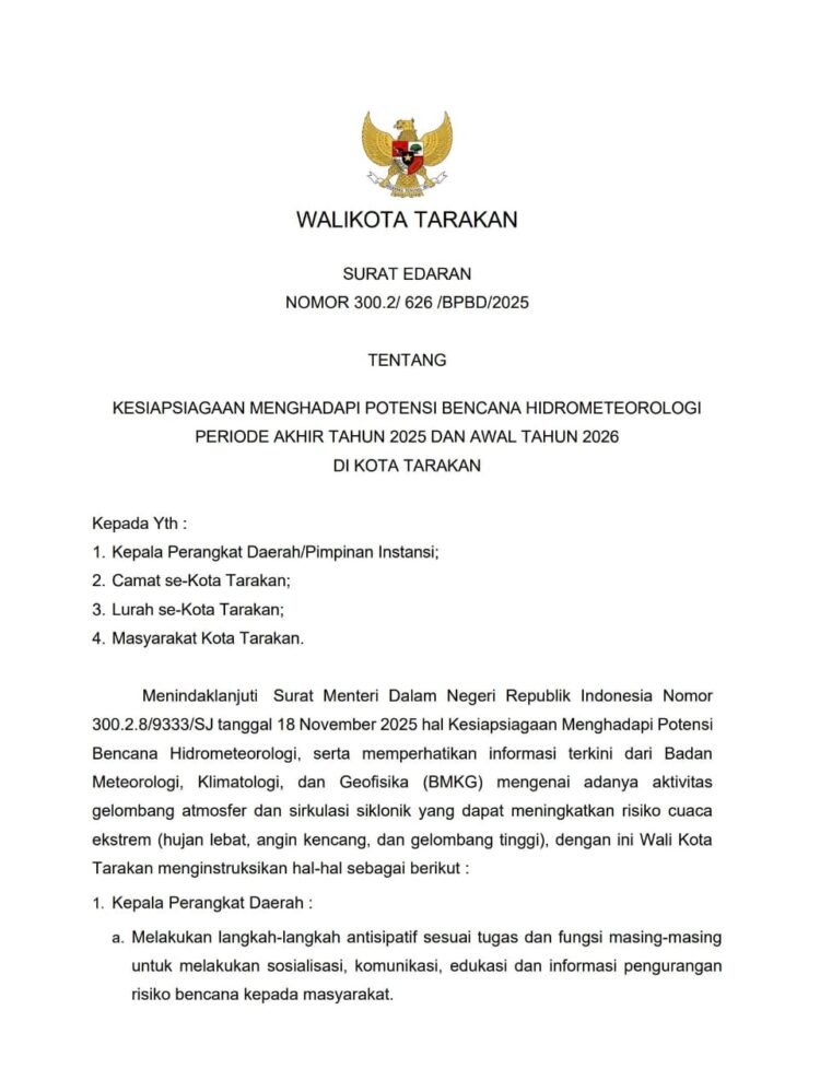 Tarakan Siaga Bencana, Wali Kota Terbitkan Surat Edaran Hadapi Cuaca Ekstrem Akhir Tahun