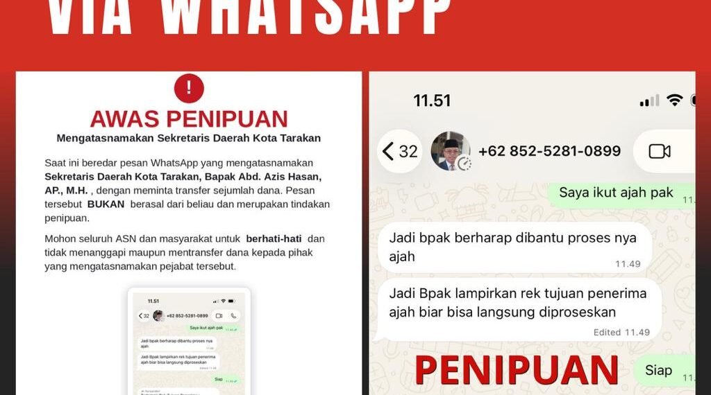 Modus WhatsApp Catut Nama Sekda Tarakan, Pelaku Minta Transfer Rp75 Juta