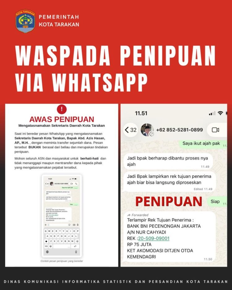 Modus WhatsApp Catut Nama Sekda Tarakan, Pelaku Minta Transfer Rp75 Juta
