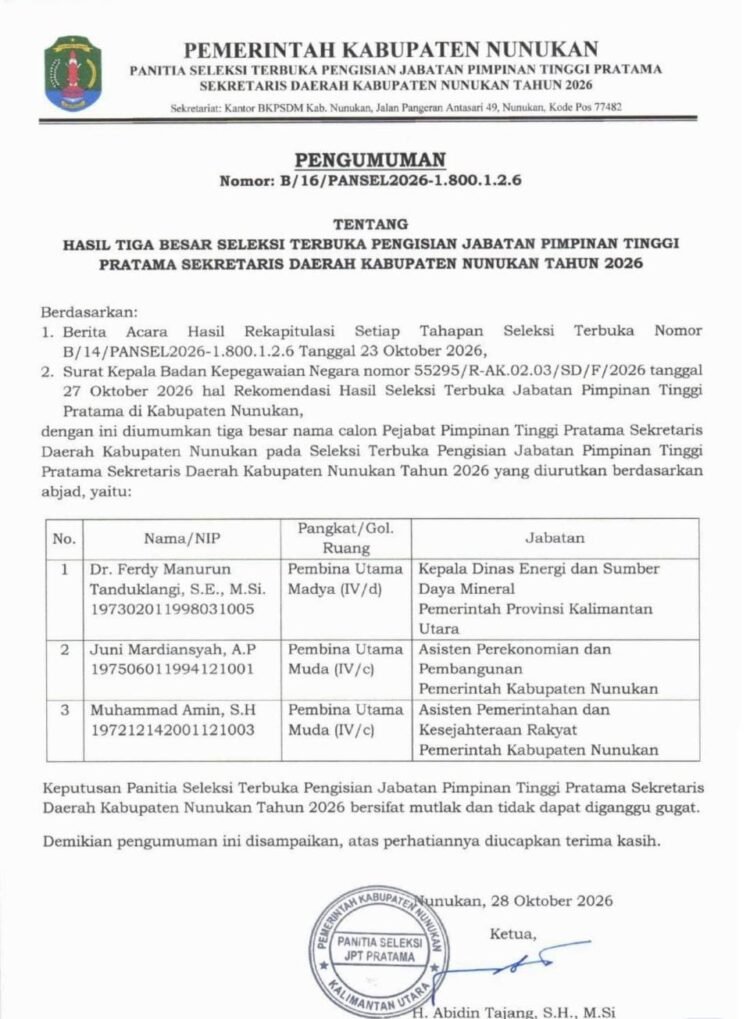 Tiga Nama Lolos Tiga Besar Seleksi Sekda Nunukan, Ferdy Manurun Ikut Bersaing
